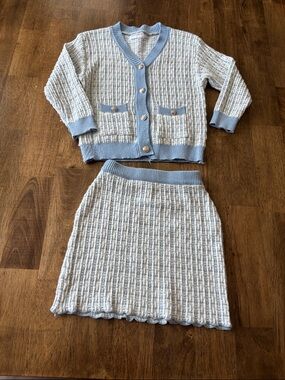 Girls White & Light Blue Knit Cardigan and Skirt Set